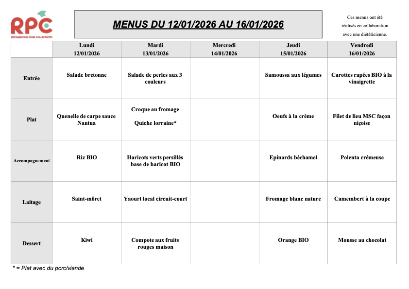 Menu de repas pour la semaine du 12 au 16 janvier 2026, comprenant différentes entrées, plats, accompagnements, laitages et desserts pour chaque jour.