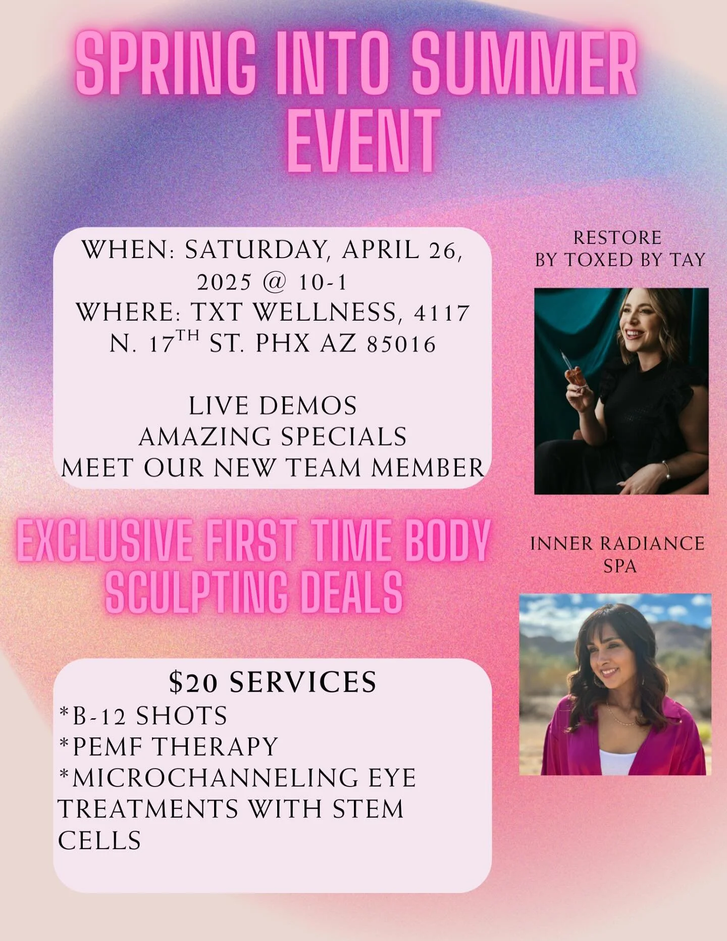 Join us on April 26th with Inner Radiance Spa while enjoying amazing wellness services and exclusive specials on The Sculptor. Don&rsquo;t miss out&mdash;RSVP now via the Eventbrite link! 

Don&rsquo;t recognize the name? Taylor Northcott Aesthetics 