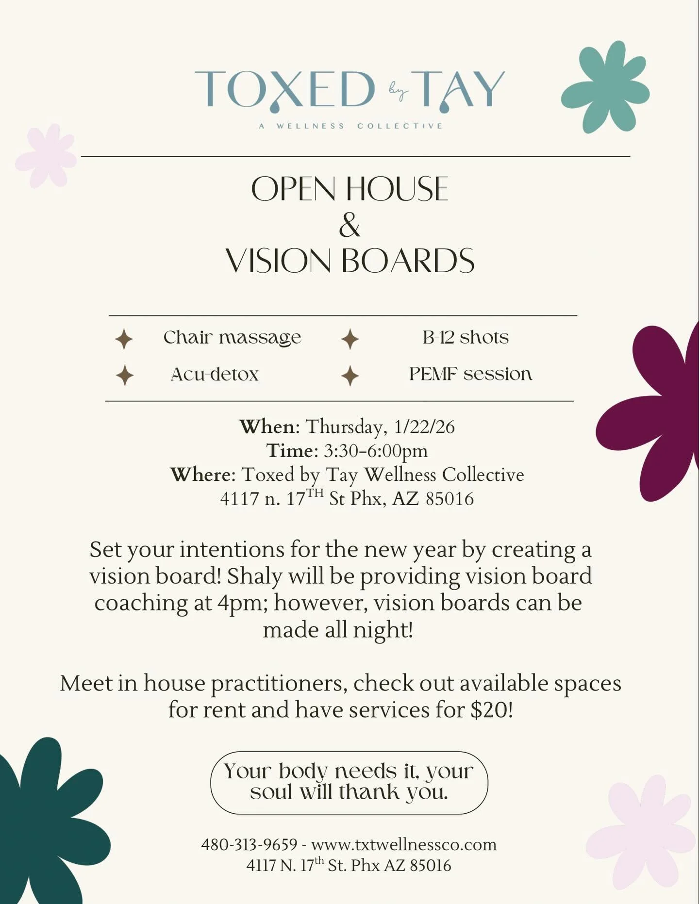 ✨ TXT Wellness Open House + Vision Boards ✨
Create. Connect. Intend.

Join us for a cozy, high-vibe night to welcome 2026 🌙
Meet our Wellness Collective providers, enjoy vision board creating, a mini intention talk with Shaly, and exclusive Open Hou