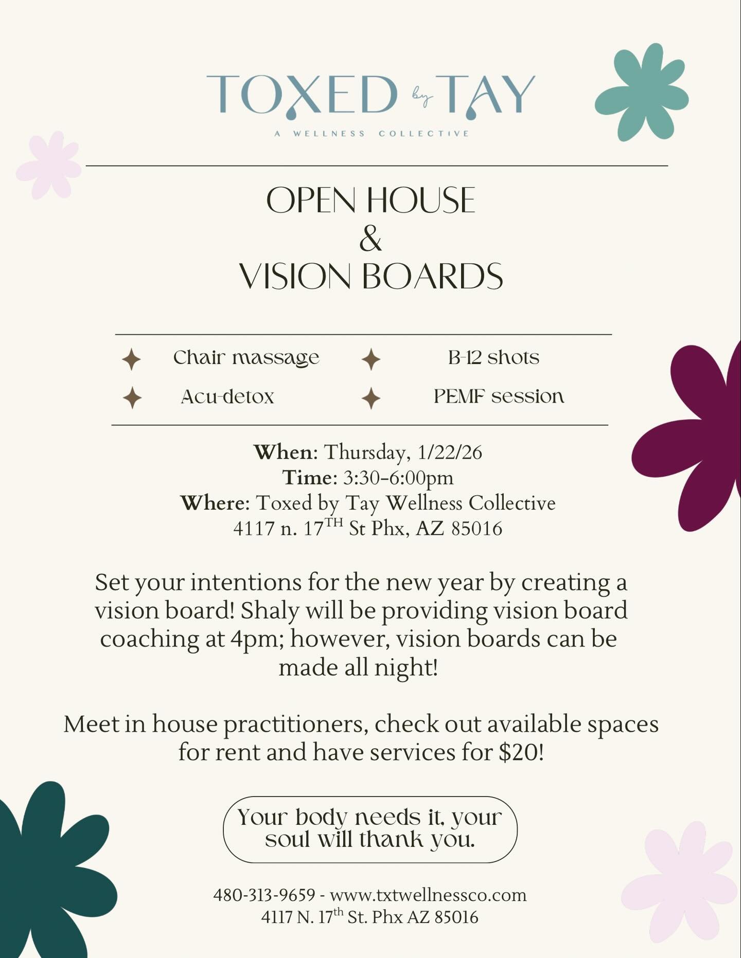 ✨ TXT Wellness Open House + Vision Boards ✨
Create. Connect. Intend.

Join us for a cozy, high-vibe night to welcome 2026 🌙
Meet our Wellness Collective providers, enjoy vision board creating, a mini intention talk with Shaly, and exclusive Open Hou