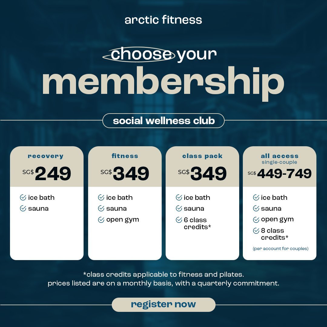 Check out our newly revamped MEMBERSHIP TIERS! 

Tailored to elevate your Arctic experience, the updated tiers now boast a NEW CLASS PACK loaded with credits that can be spent on our pilates and fitness classes.

Register now to get started!

#arctic