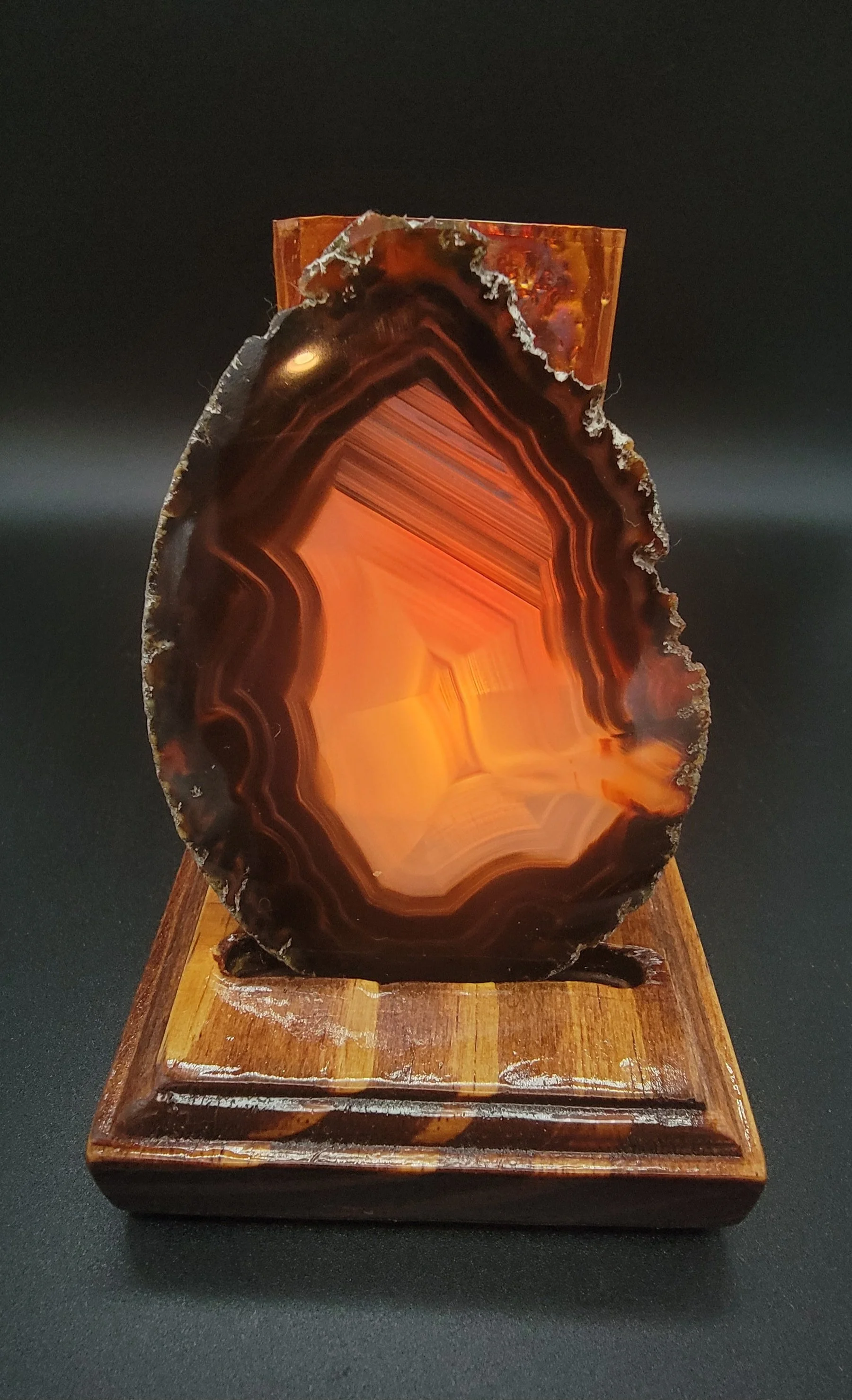 A polished slice of orange banded agate on a wooden display stand.