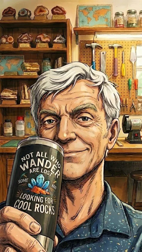 An older man with gray hair holding a travel mug that says, "Not all who wander are lost, some are looking for cool rocks" inside a workshop with tools hanging on the pegboard and shelves of rocks and jars in the background.