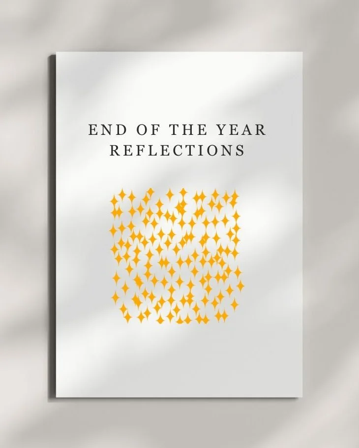 Worksheet with black text reading 'End of the Year Reflections' and a yellow geometric pattern below.