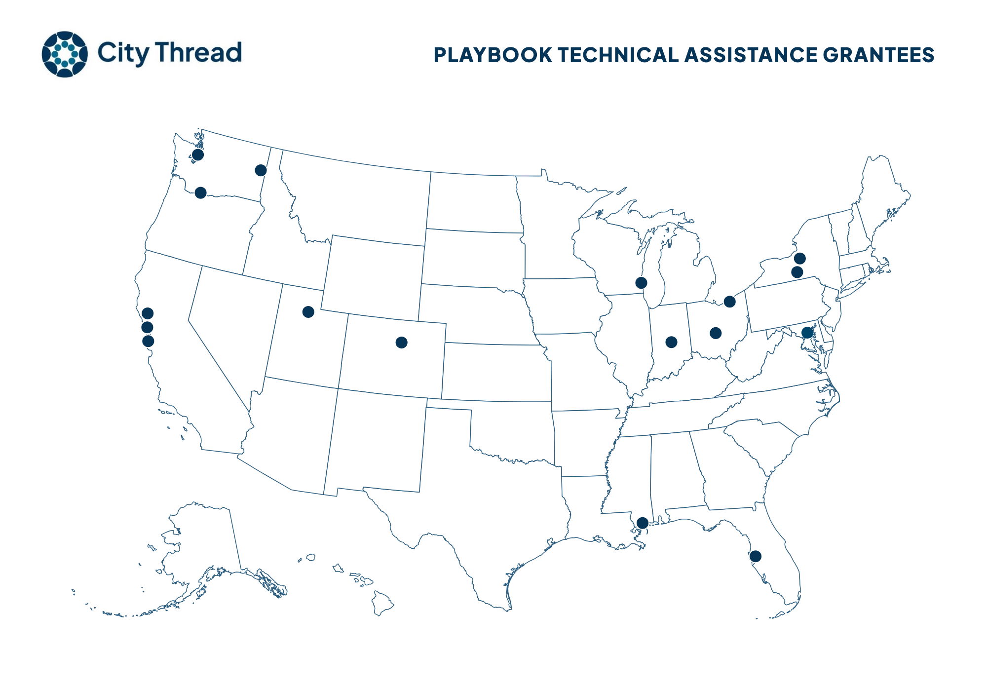 Map of the United States marking City Thread's 17 Playbook Technical Assistance grantee communities