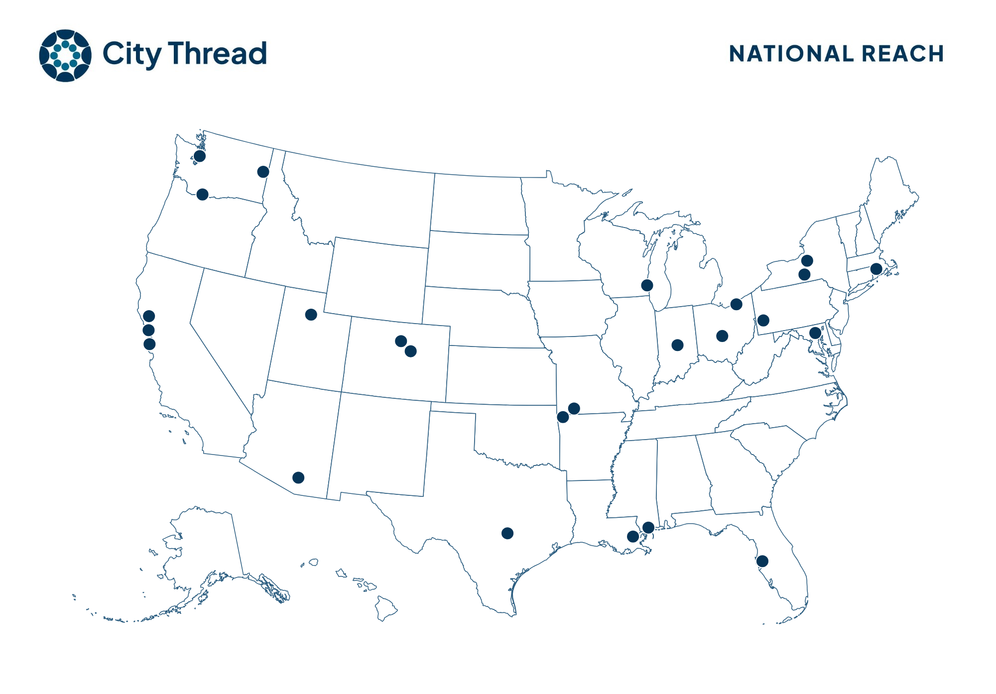 Map of the United States marking the 25 communities where City Thread has used the Playbook