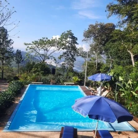 Relax and unwind by the serene infinity pool overlooking the surrounding hills.