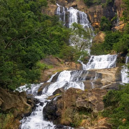 Swim beneath cascading jungle waterfalls hidden within Sri Lanka’s lush forests.