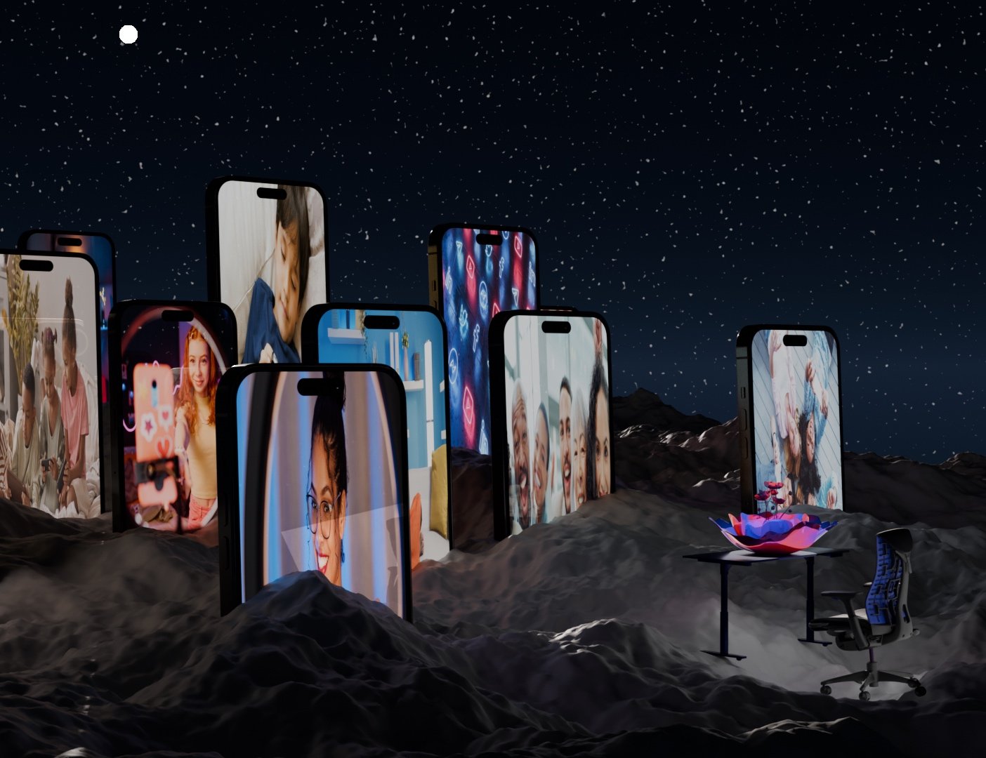 Night Moon: A night scene, the upright mobile phone shows the modern people’s habit of using mobile phones and their dependence on mobile phones