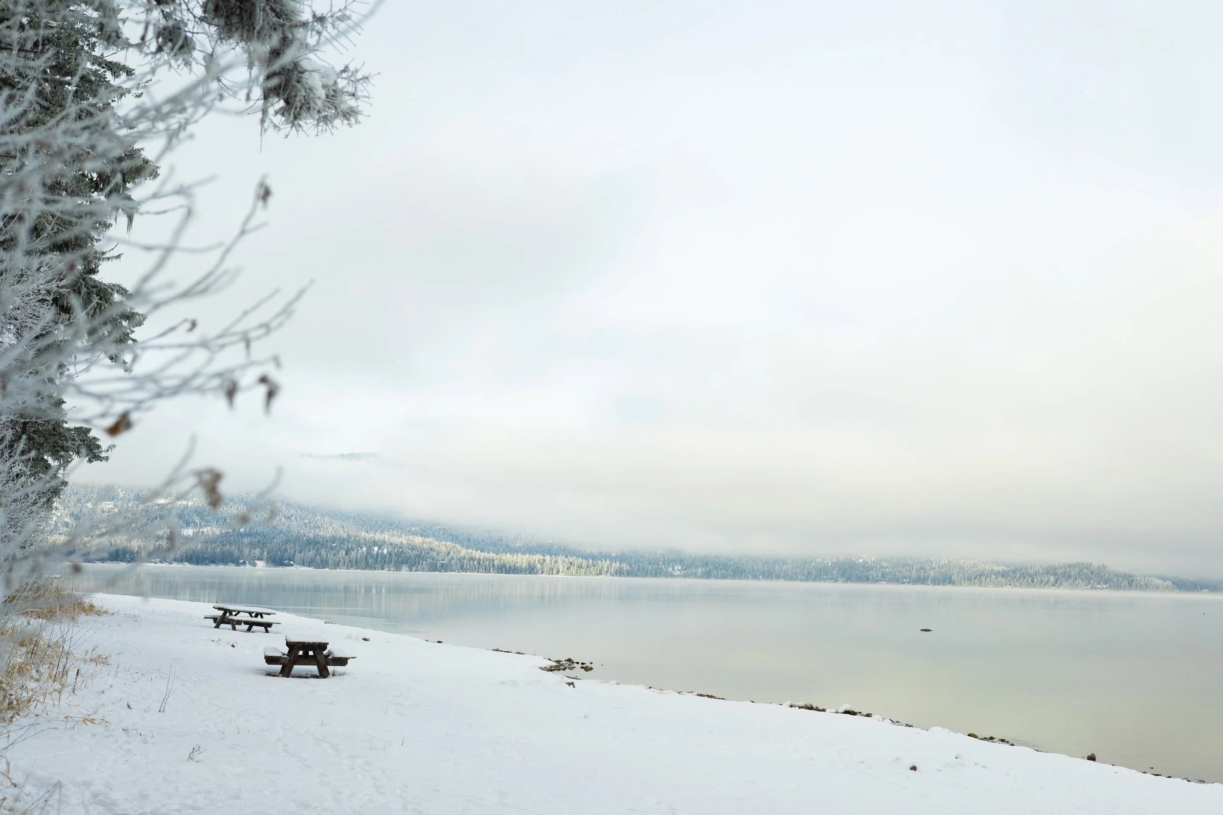 Snow-covered lakeside with two wooden picnic tables and snow-covered trees on the edge, with distant snow-dusted forested hills and overcast sky.