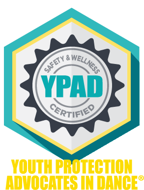 YPAD safety and wellness certified badge with yellow banner reading 'Youth Protection Advocates in Dance'.