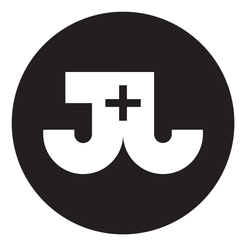 Logo with the letters 'J' and 'L' in bold white font on a black circular background, with a plus sign between the letters.