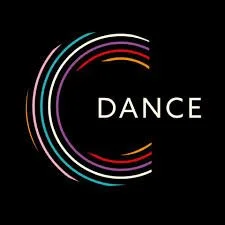 Colorful rainbow arcs forming a large letter 'C' with the word 'DANCE' inside, on a black background.