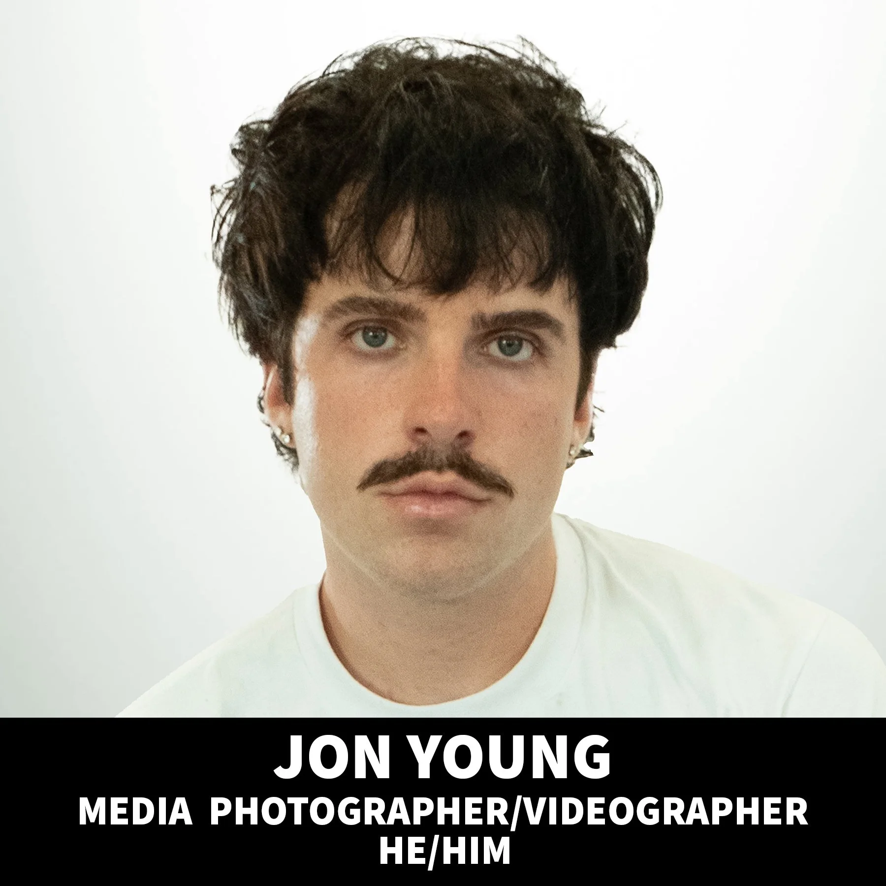 Promotional graphic featuring Jonathan Young with a background shadow and colored lighting. Text includes his name, band Tour Media, and pronouns HE/HIM.