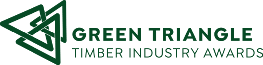 Logo for the Green Triangle Timber Industry Awards featuring a stylized green triangle with overlapping lines and text to the right.
