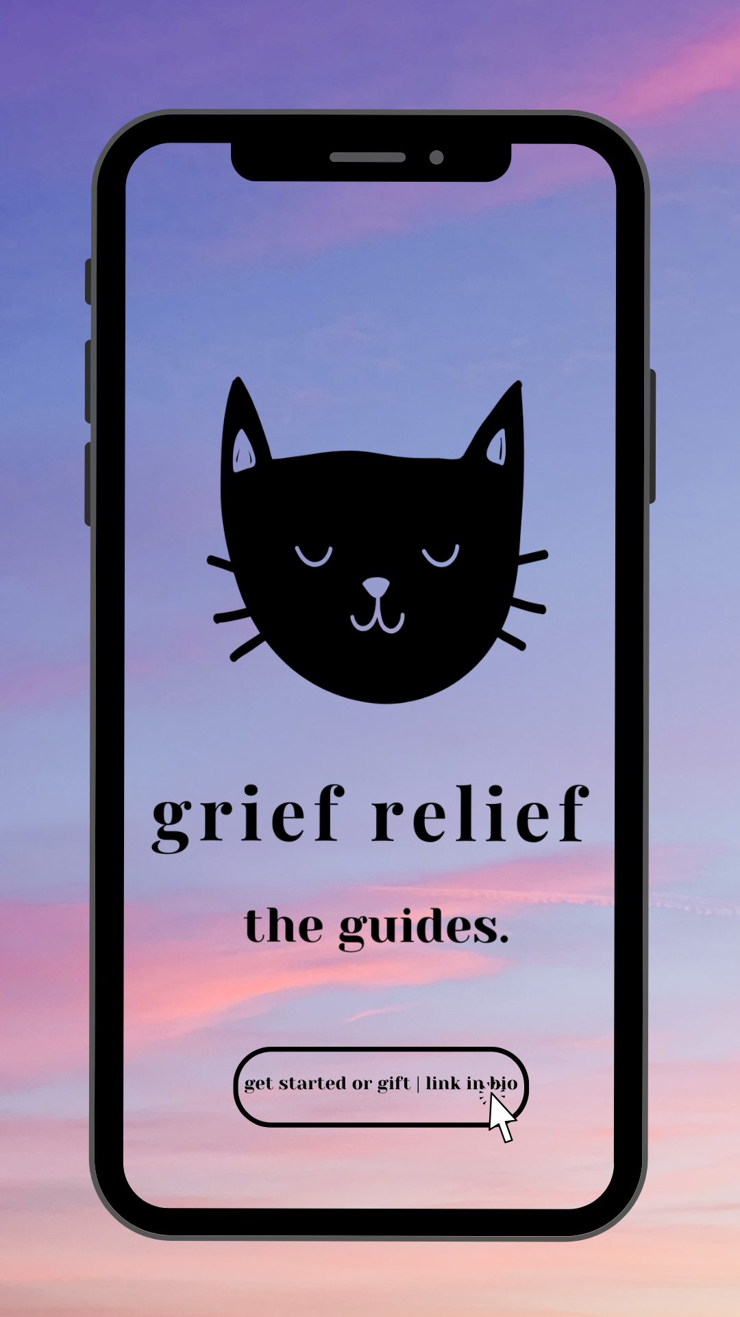 Pet Grief Relief app logo in a phone with a purple sky in the background