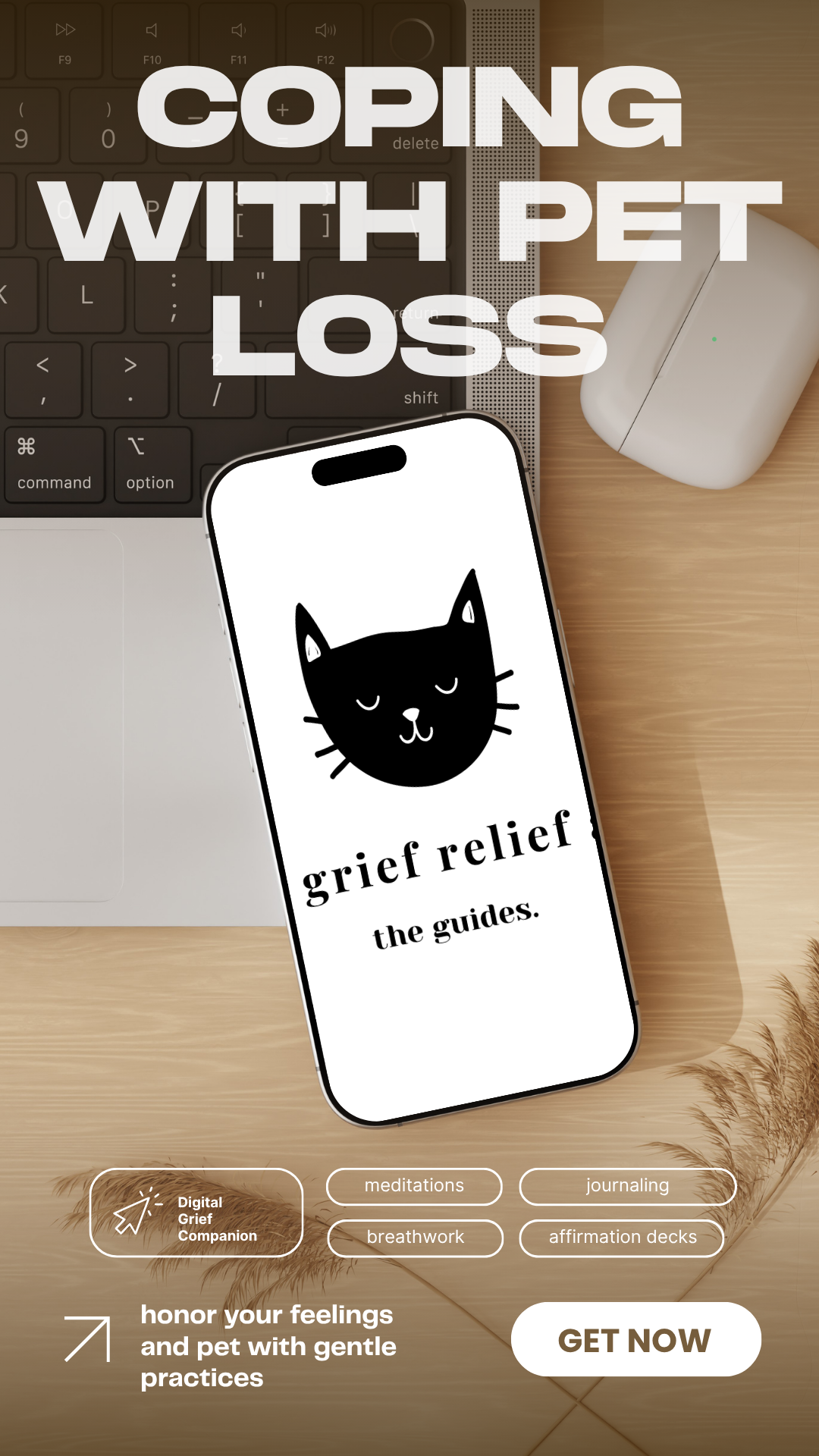 The Pet Grief Relief App logo in a phone laying on a desk