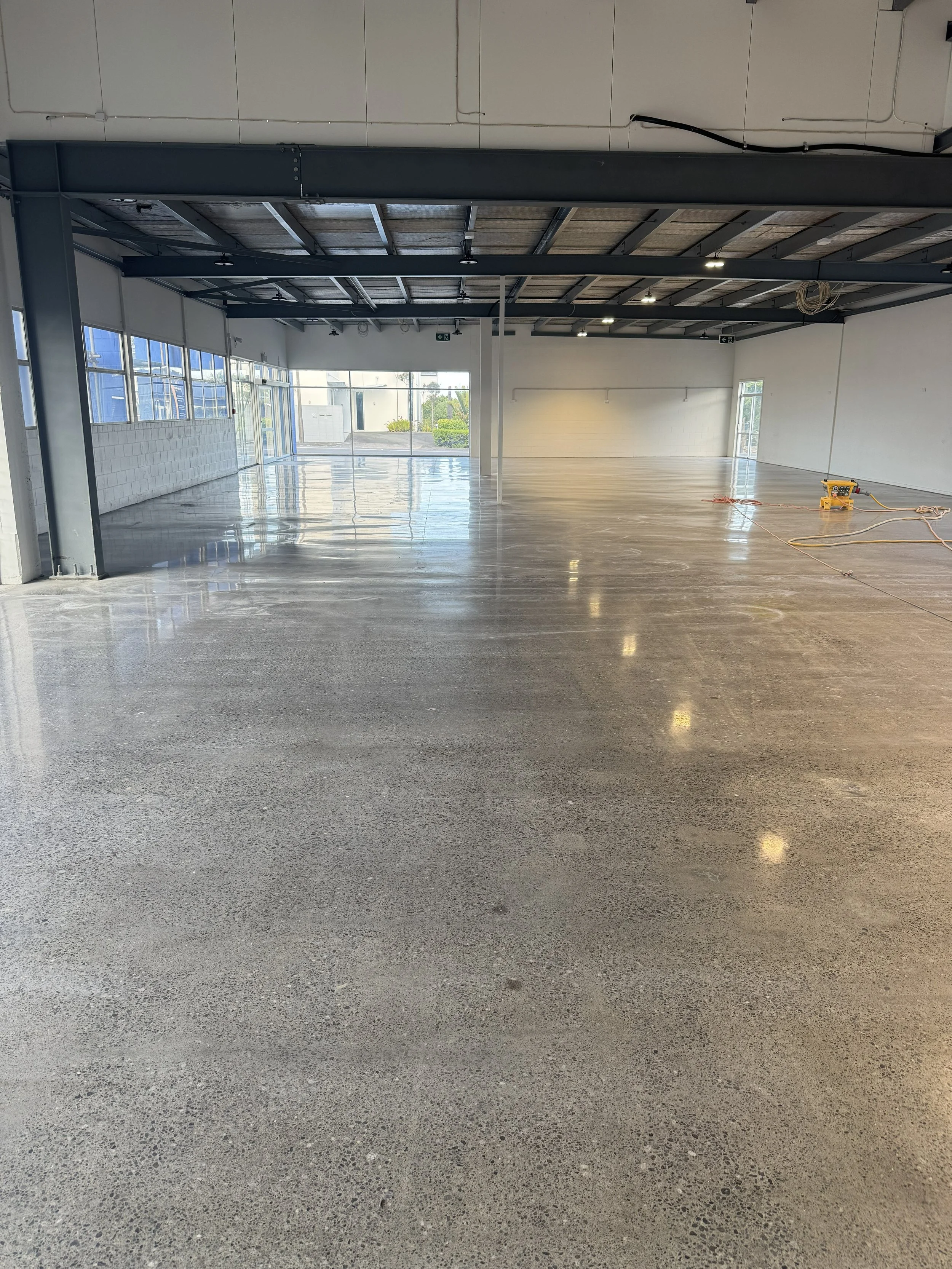 open warehouse with polished concrete floor