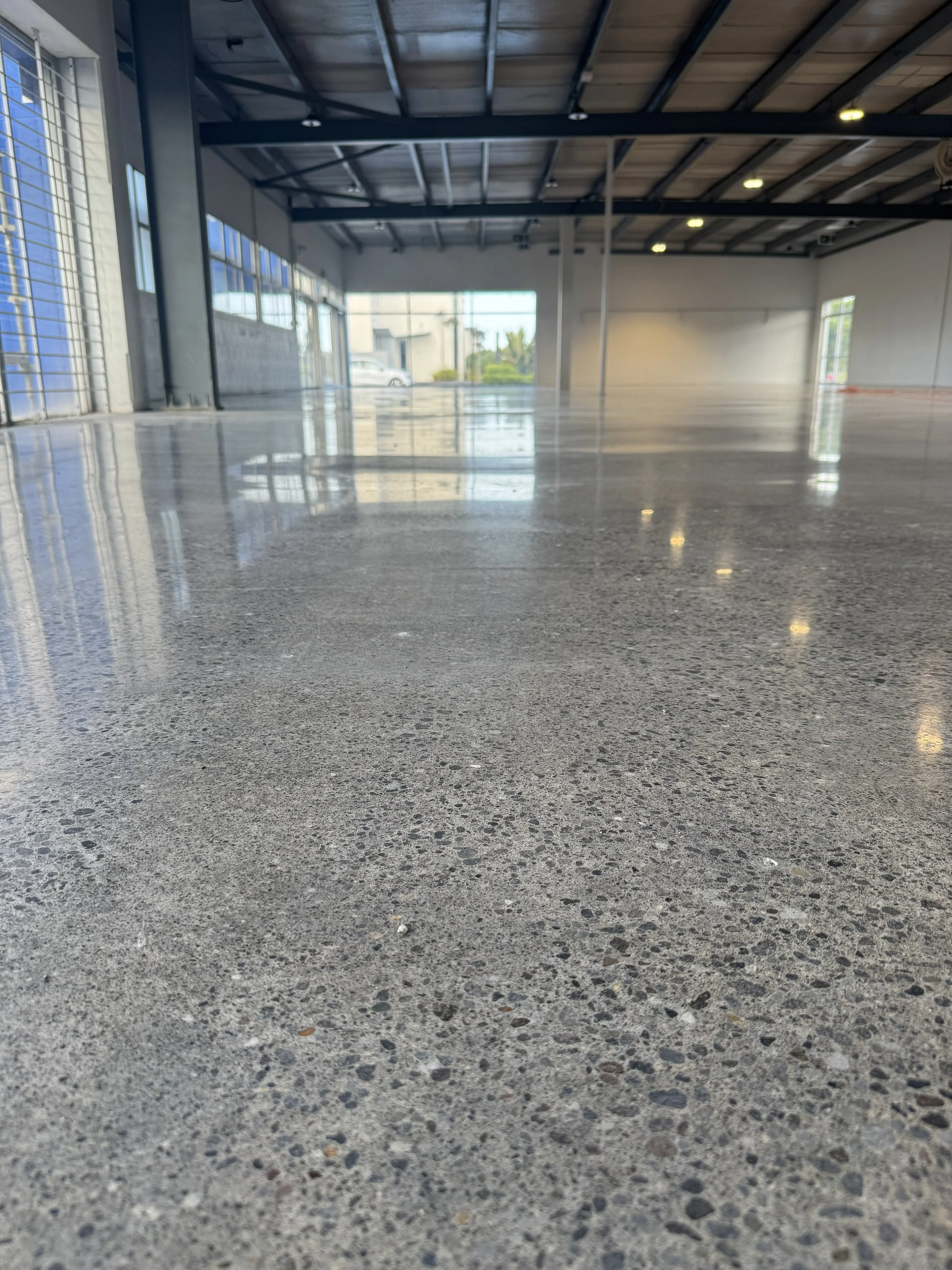 open warehouse with polished concrete floor