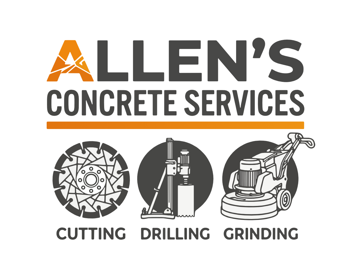 Logo for Allen's Concrete Services with icons of a cutting disc, a drilling rig, and a grinding machine.