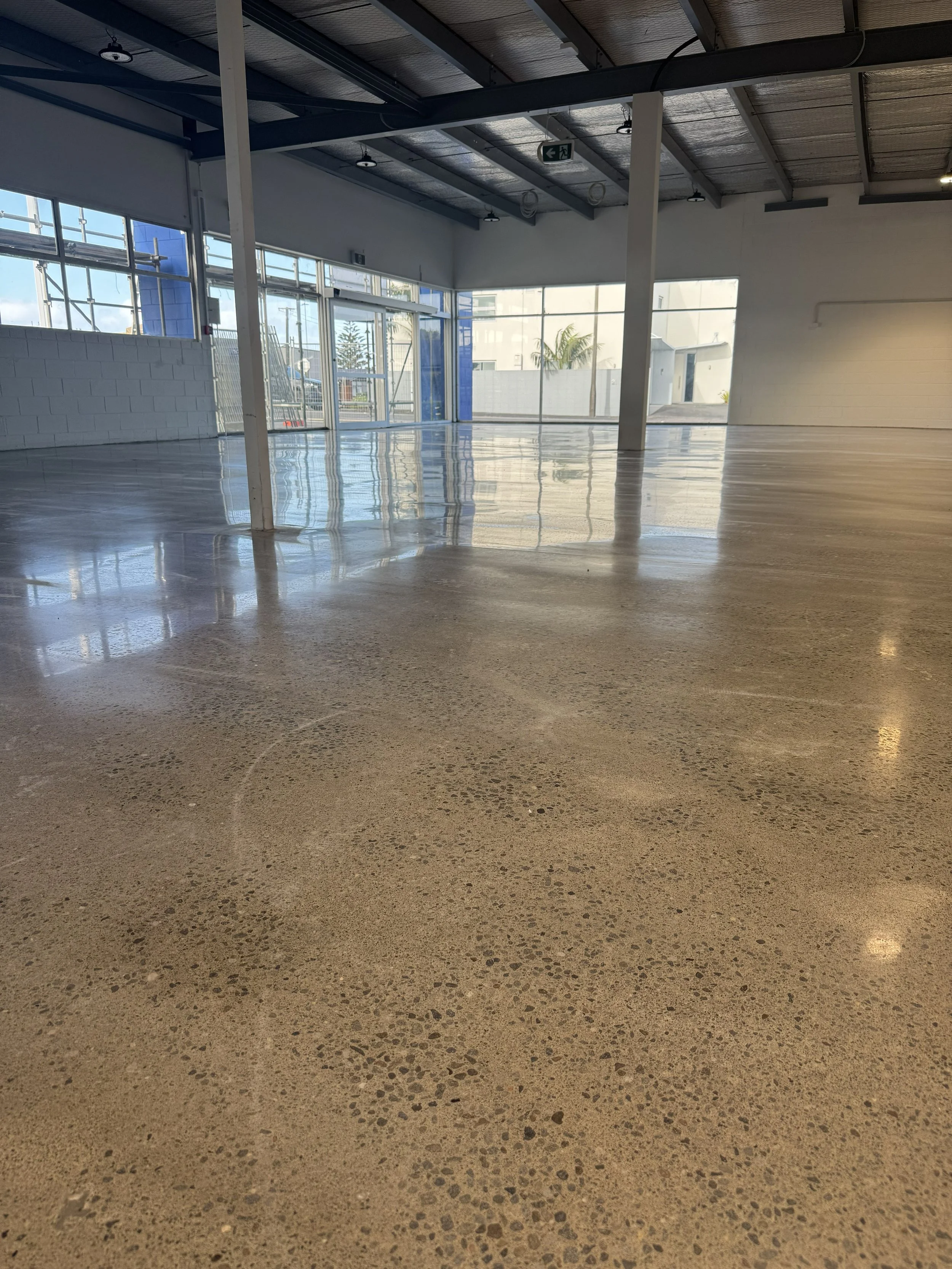 open warehouse with polished concrete floor