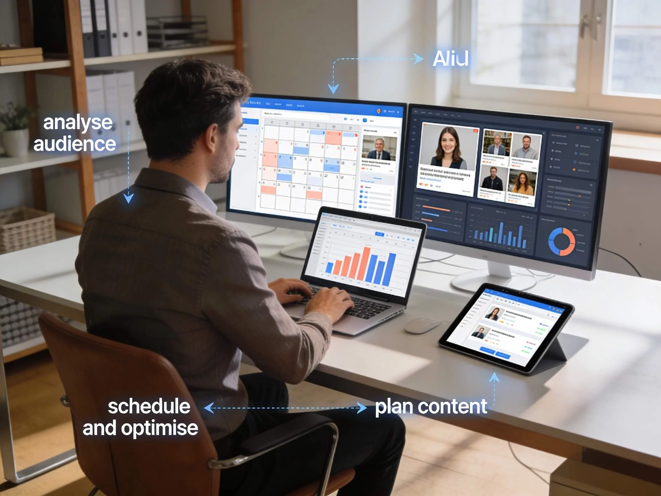 A person working at a desk with multiple screens showing data analysis, a calendar, and video profiles. The area includes labels pointing to the screens and desk, highlighting features such as 'analyse audience,' 'schedule and optimise,' 'plan content,' and 'Aid.'