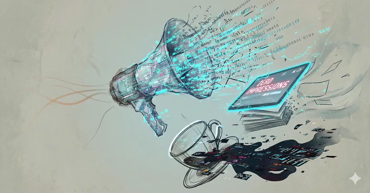 An abstract picture of a megaphone, a tablet, and a coffee cup