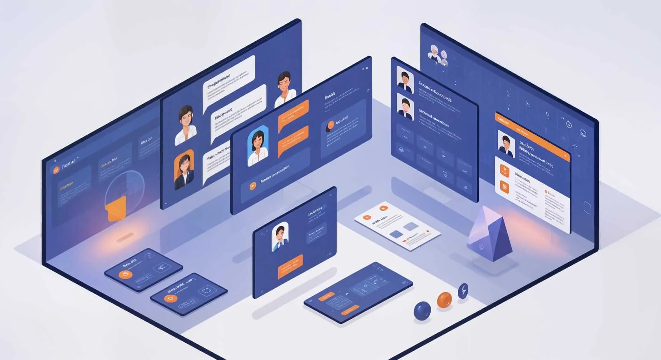 An isometric digital illustration showing multiple screens and devices displaying a user interface for a virtual meeting or dashboard application, with avatars of people, chat bubbles, and various icons in a blue and orange color scheme.