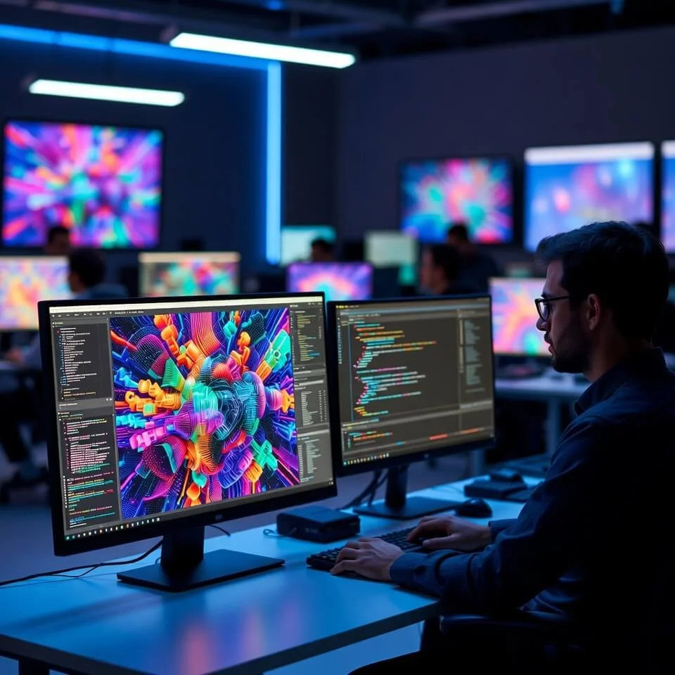 A man working on a computer with dual monitors displaying colorful digital art and coding in a darkened tech workspace.