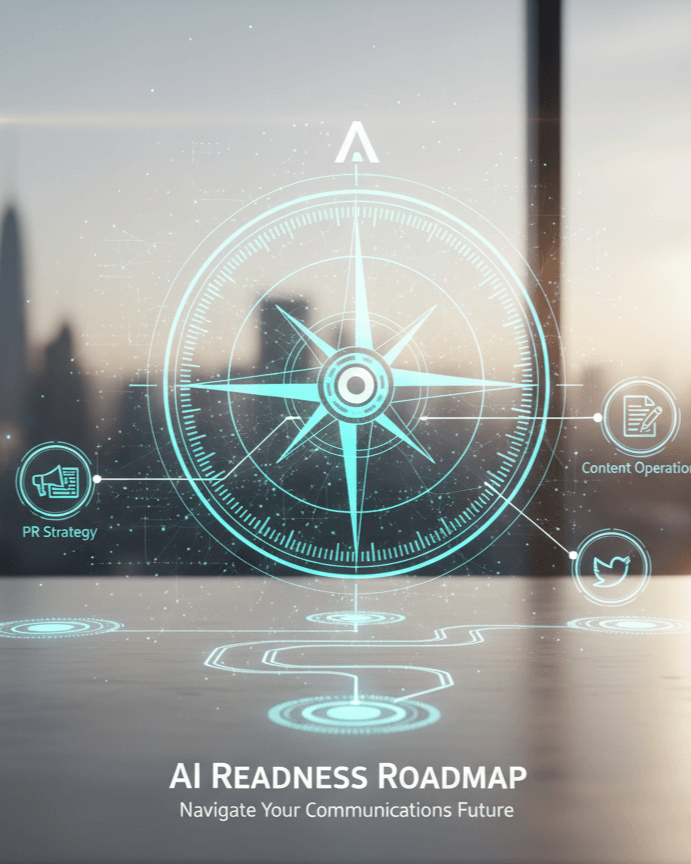 Futuristic digital interface with a compass, displaying sections for PR Strategy, Content Operation, and social media, titled 'AI Readiness Roadmap' with a subtitle 'Navigate Your Communications Future'.