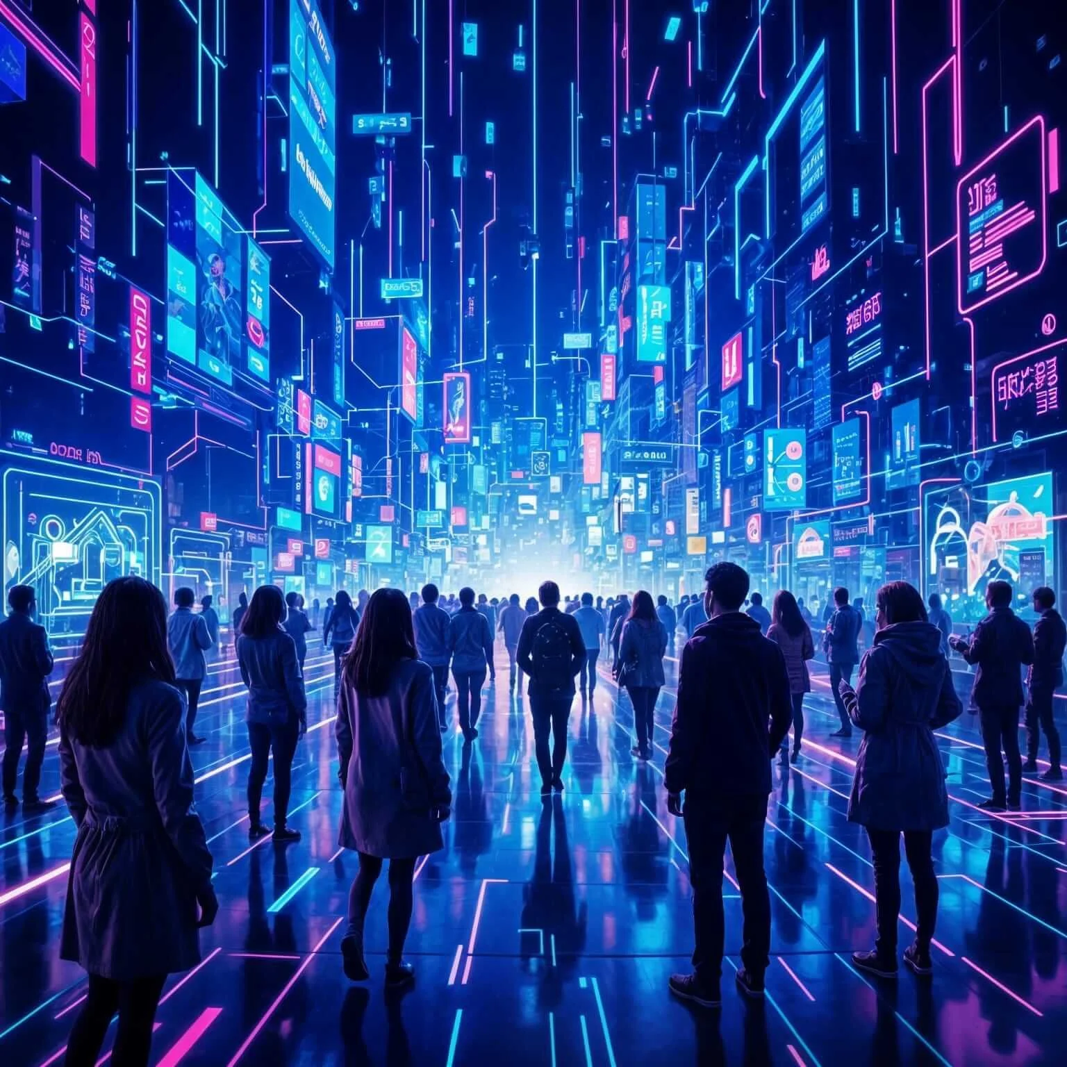 A graphic of  a digital crowd walking in a virtual cityscape