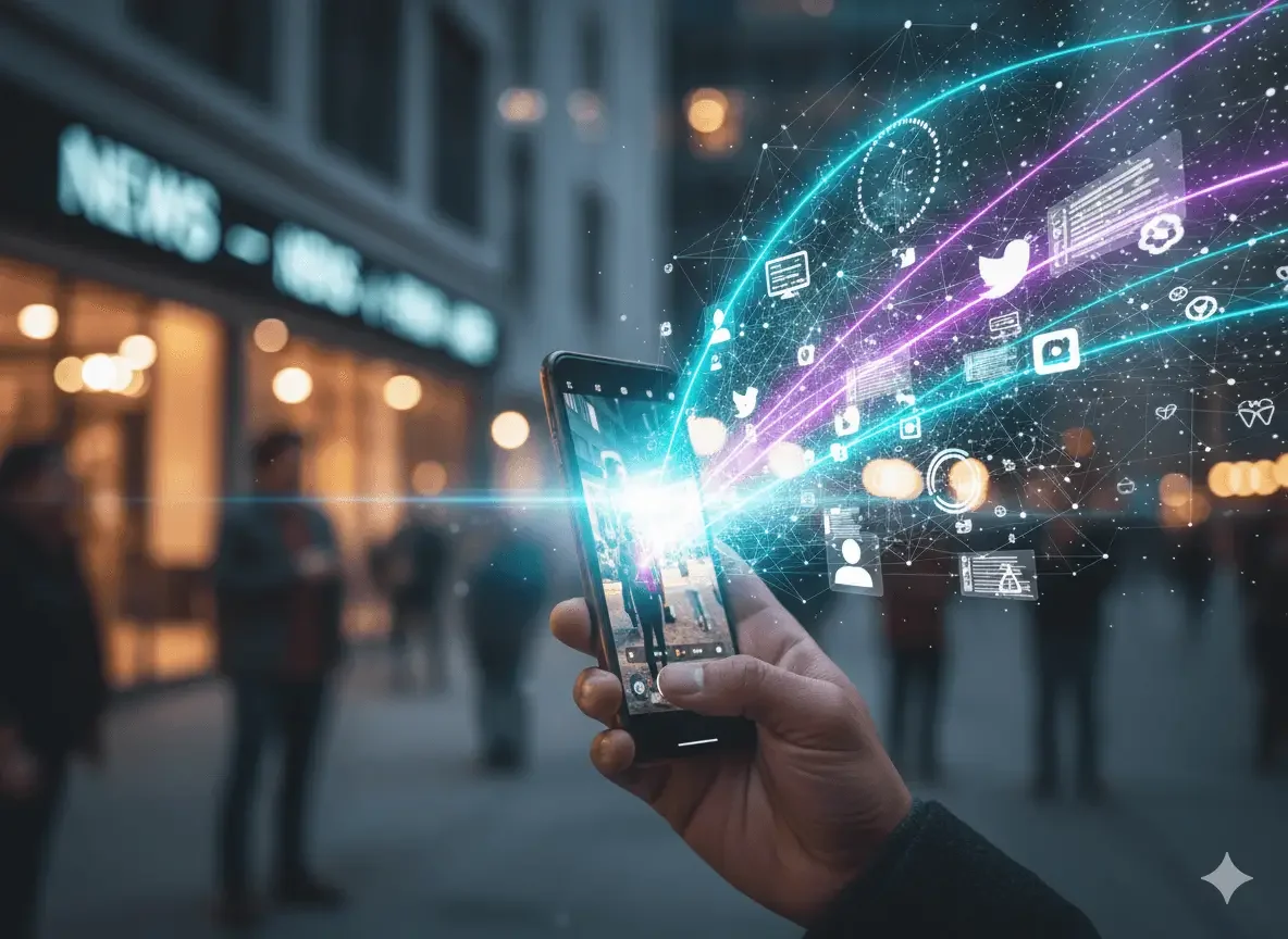 A close up of a hand holding a smartphone with vibrant information leaping from it