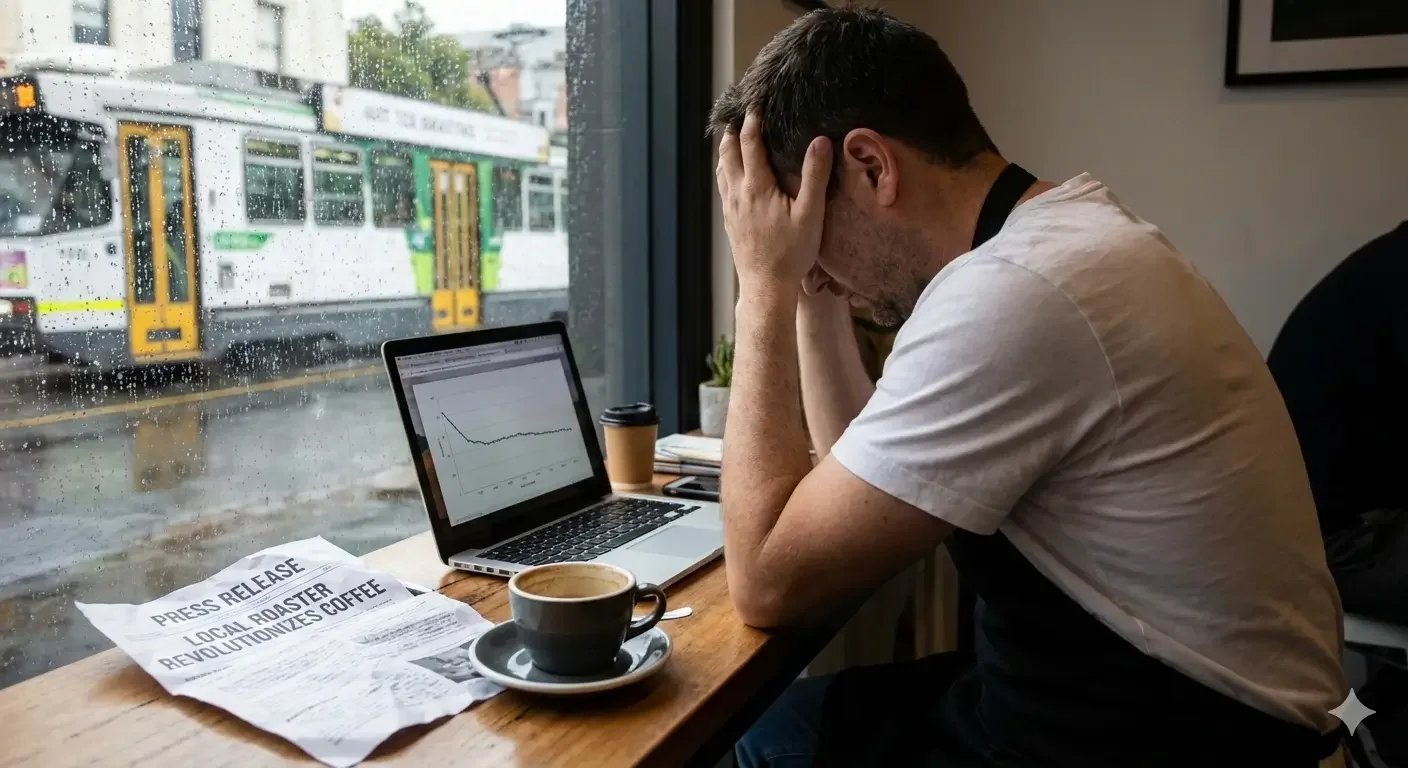 A coffee shop owners sits as his window, head in hands with frustration