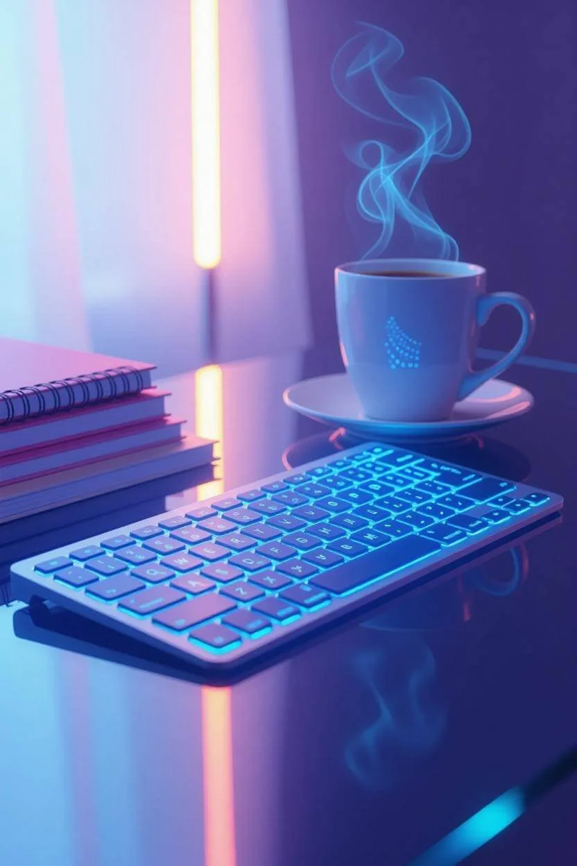 A glowing wirelessly-charged keyboard, a steaming cup of coffee with smoke rising, a notebook, and a tablet on a reflective surface illuminated by vibrant neon lights.