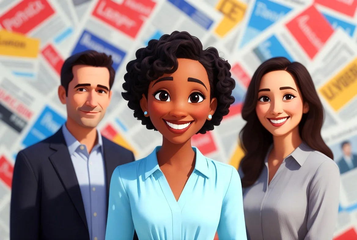 Three animated characters, two women and one man, standing in front of a backdrop of news headlines and newspapers, smiling at the camera.