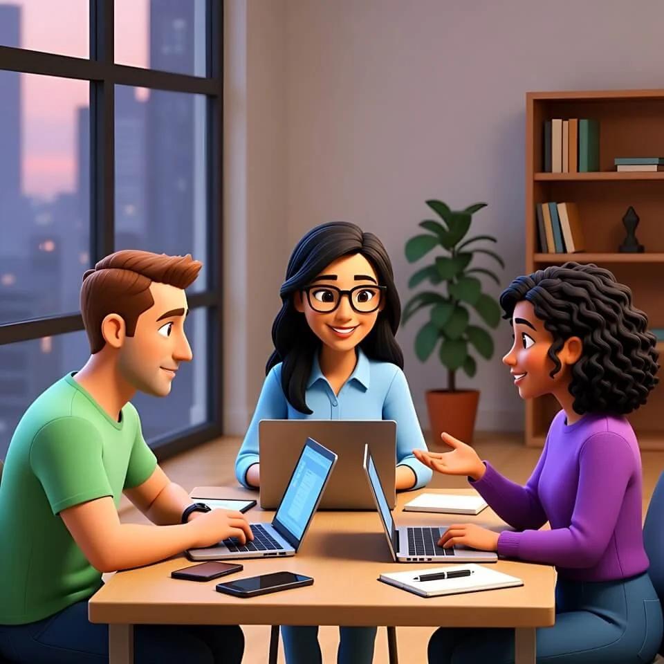 Three animated people having a meeting at a table with laptops, smartphones, and notebooks in a modern office near a large window and bookshelf.