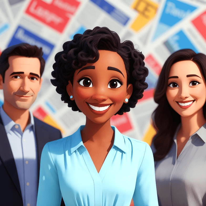 Three animated characters, two women and one man, standing in front of a backdrop of news headlines and newspapers, smiling at the camera.