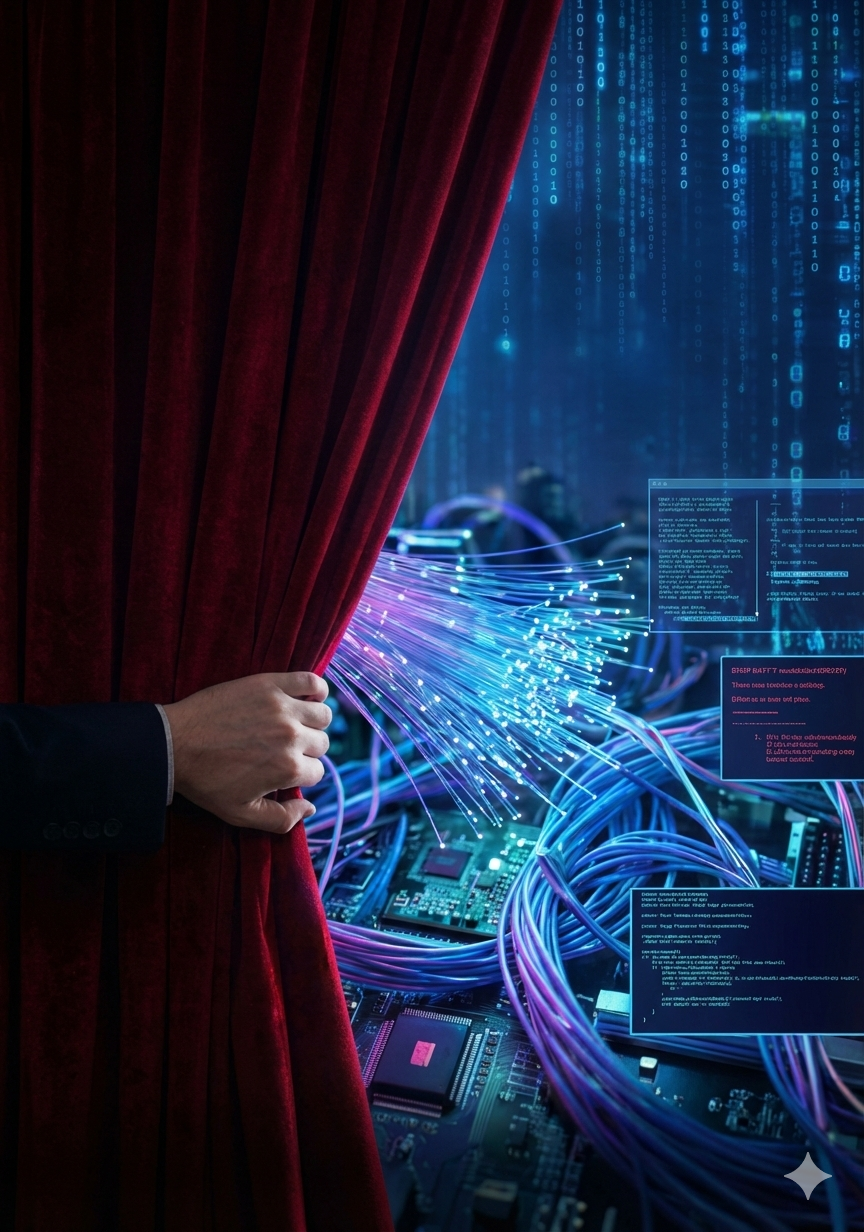 A graphic of a hand pulling back a red velvet curtain to reveal the inner workings of a computer