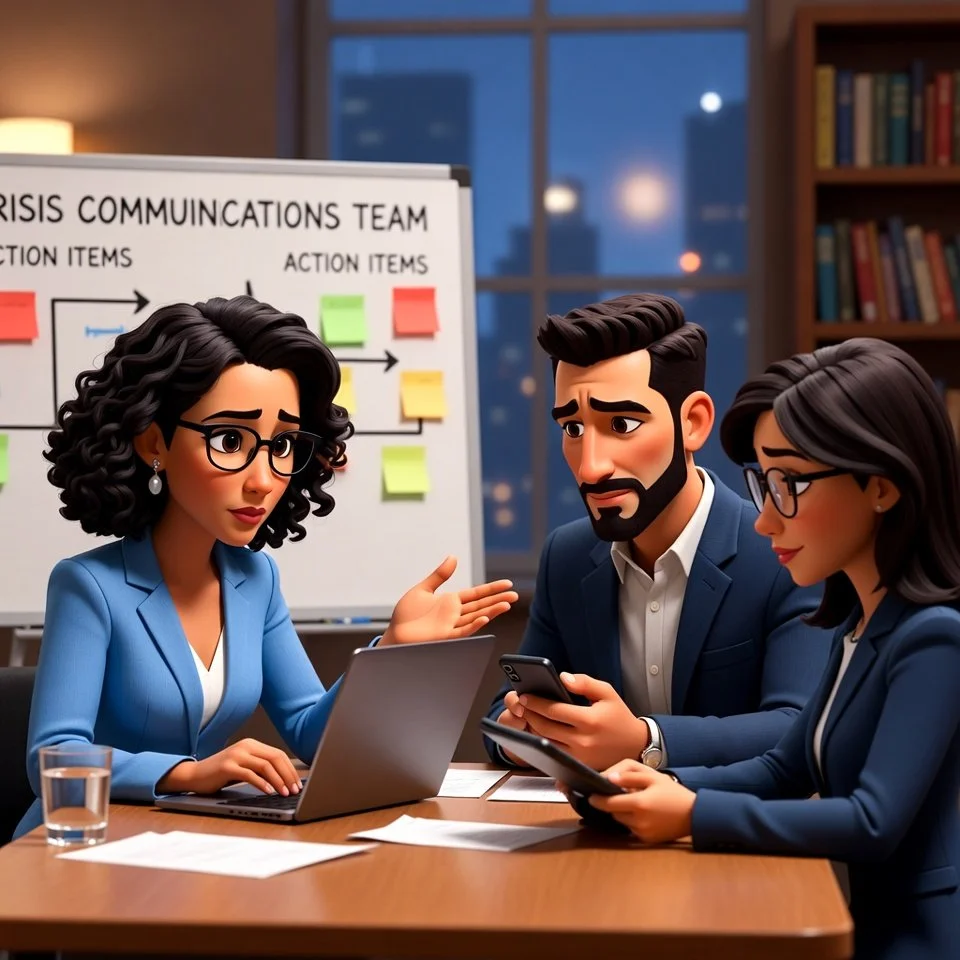Three business professionals in a meeting room discussing crisis communication strategies. Two women and one man are seated at a table with laptops and smartphones, with a whiteboard in the background displaying a crisis communication team plan.