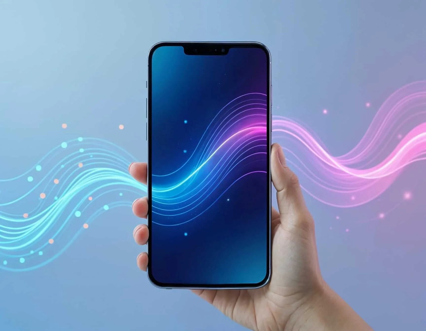 A person holding a smartphone with a dark screen, with colorful wavy lines animated in the background.