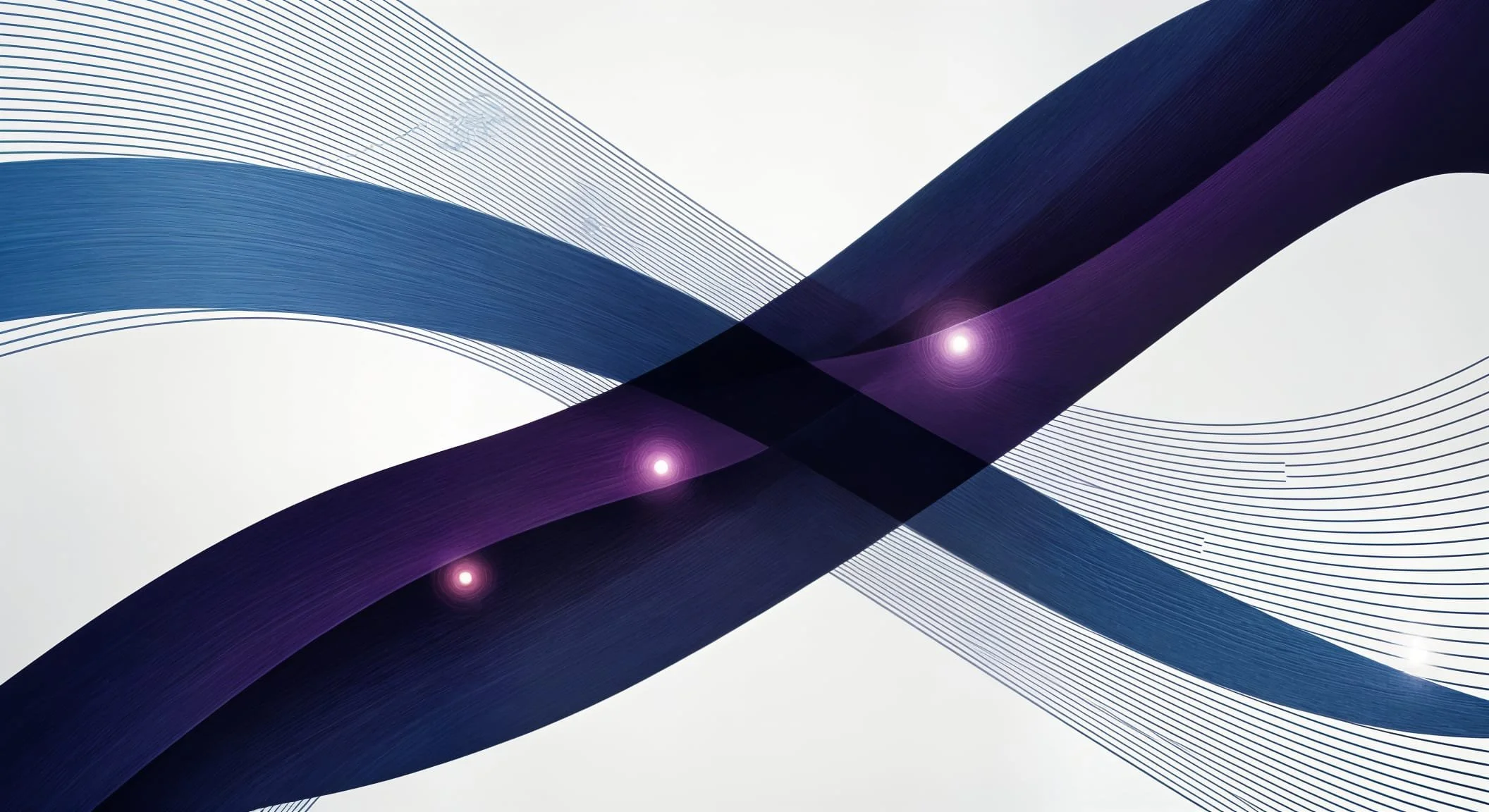 Abstract digital art featuring flowing blue and purple ribbons with thin curved lines, some glowing purple points.