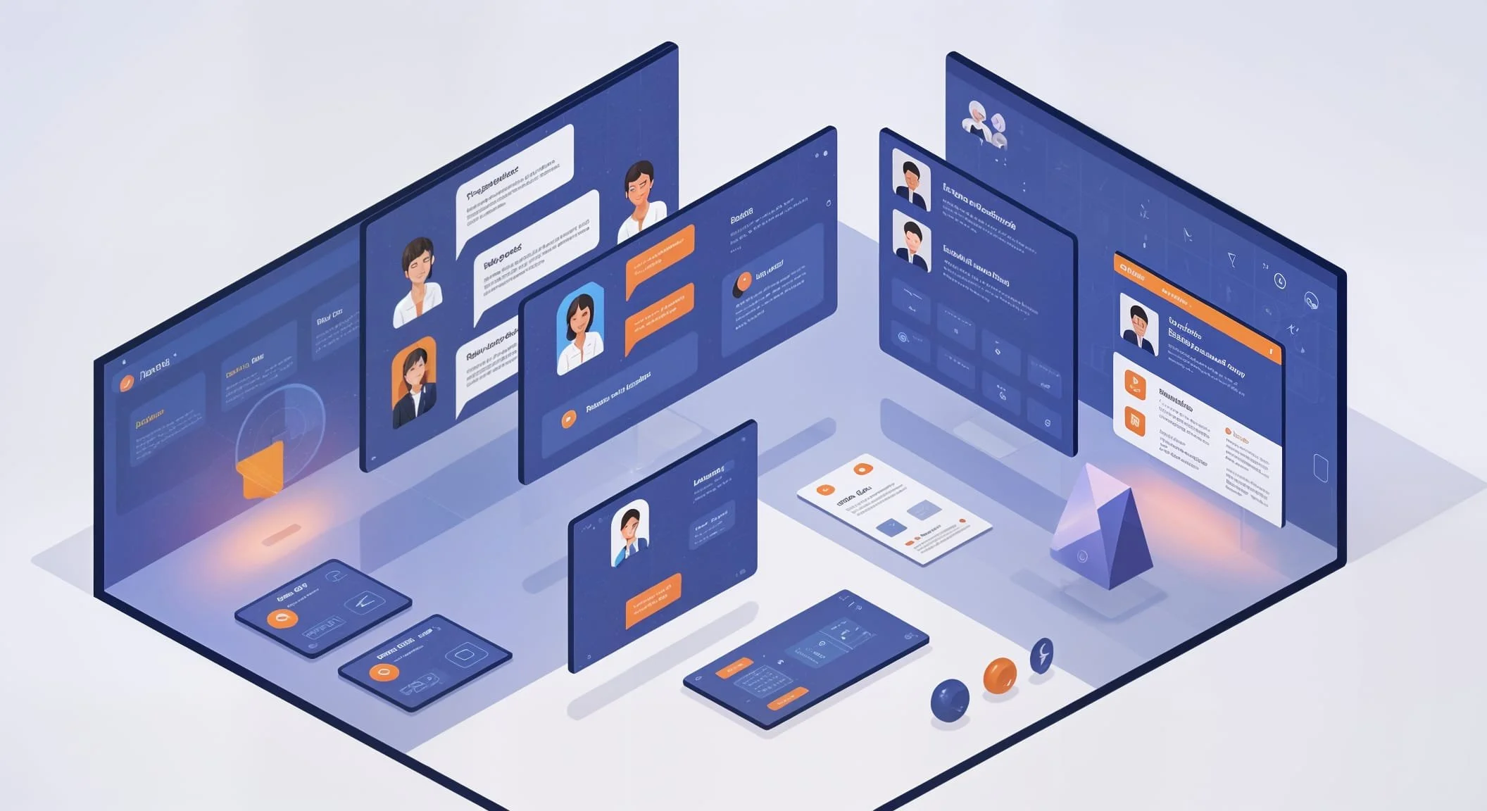 An isometric digital illustration showing multiple screens and devices displaying a user interface for a virtual meeting or dashboard application, with avatars of people, chat bubbles, and various icons in a blue and orange color scheme.