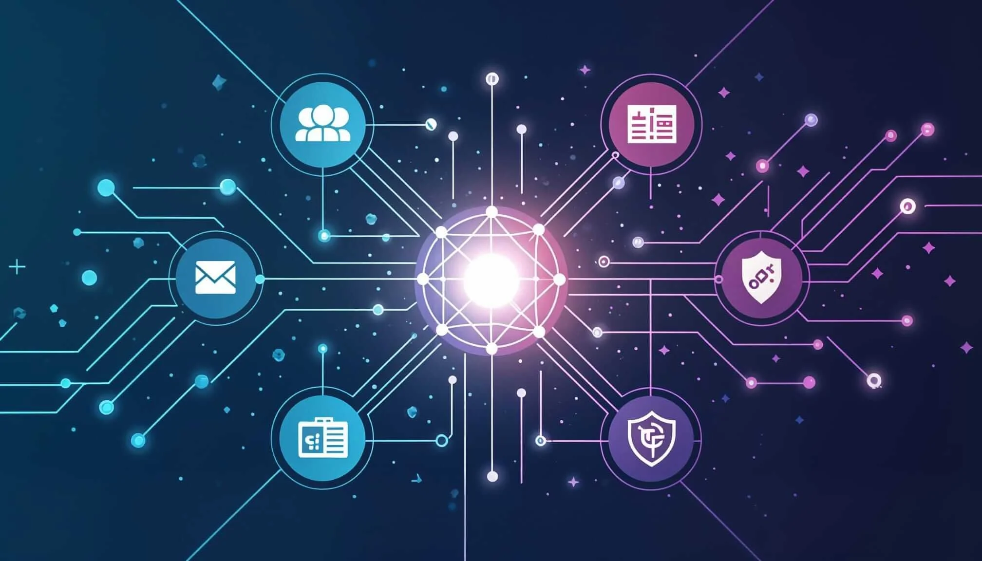 Digital network diagram illustrating interconnected icons representing email, user group, calendar, document, shield with lock, shield with checkmark, and other cybersecurity elements against a dark background.