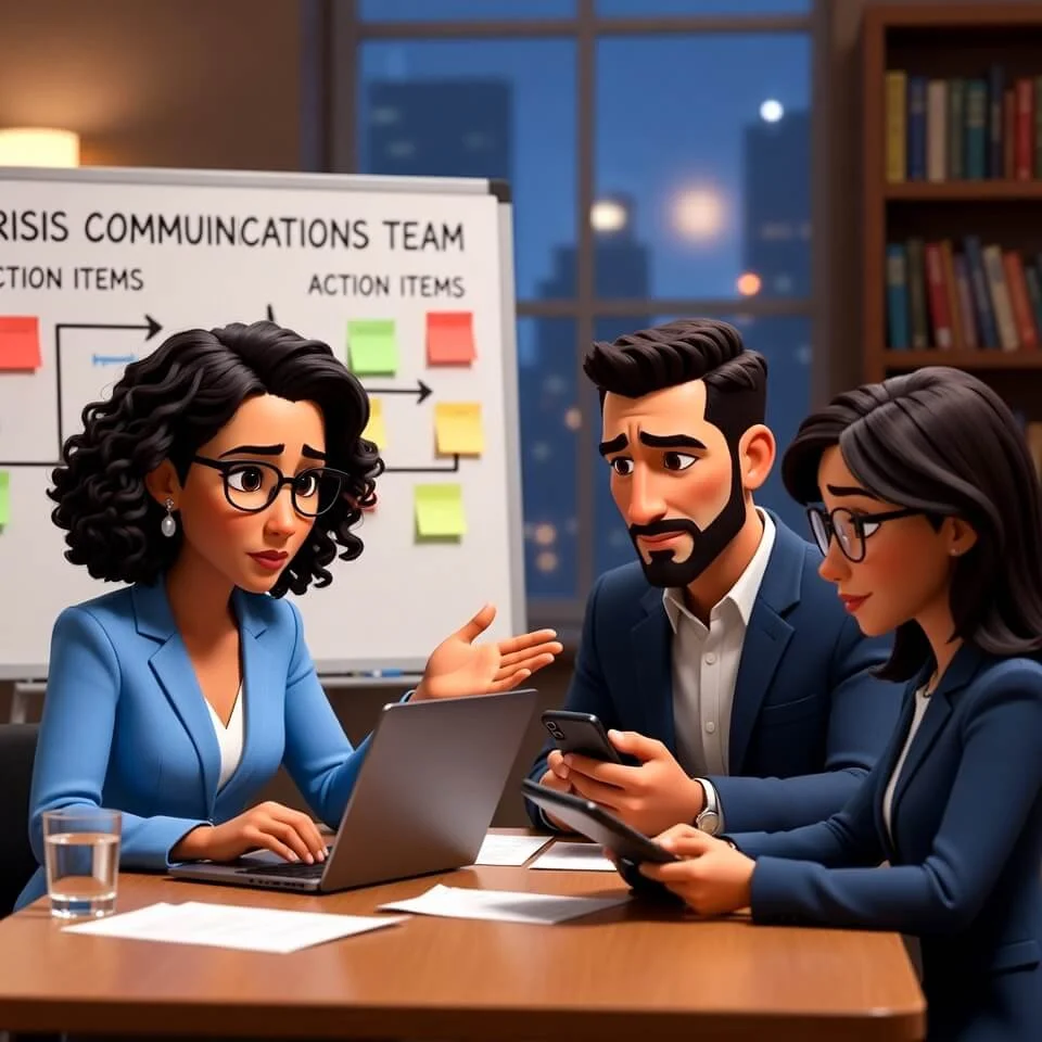 Three business professionals in a meeting room discussing crisis communication strategies. Two women and one man are seated at a table with laptops and smartphones, with a whiteboard in the background displaying a crisis communication team plan.