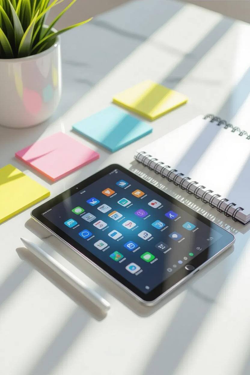 A white desk with a potted plant, a tablet displaying app icons, a white stylus, a spiral notebook, and colorful sticky notes in pink, blue, yellow, and green.