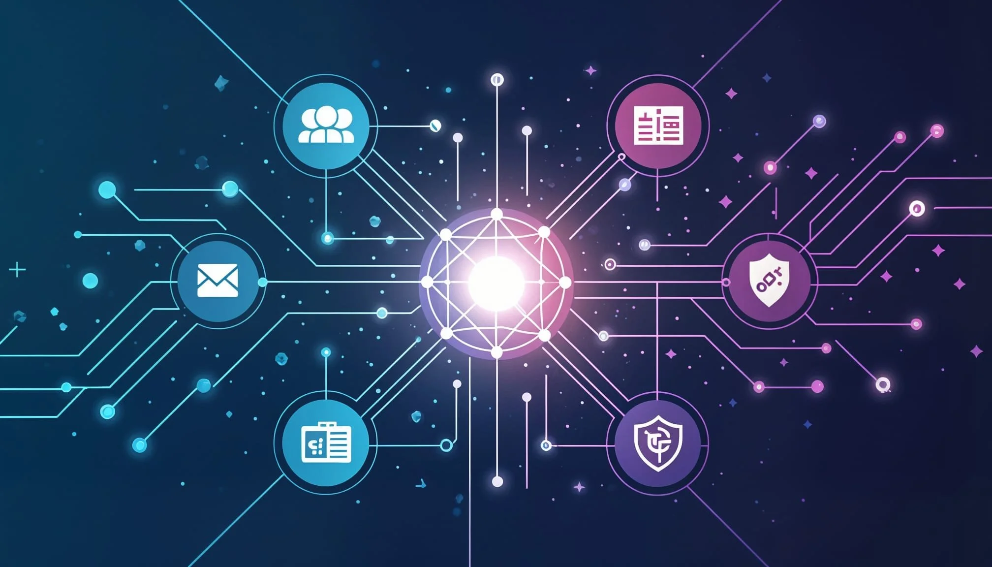 Digital network diagram illustrating interconnected icons representing email, user group, calendar, document, shield with lock, shield with checkmark, and other cybersecurity elements against a dark background.