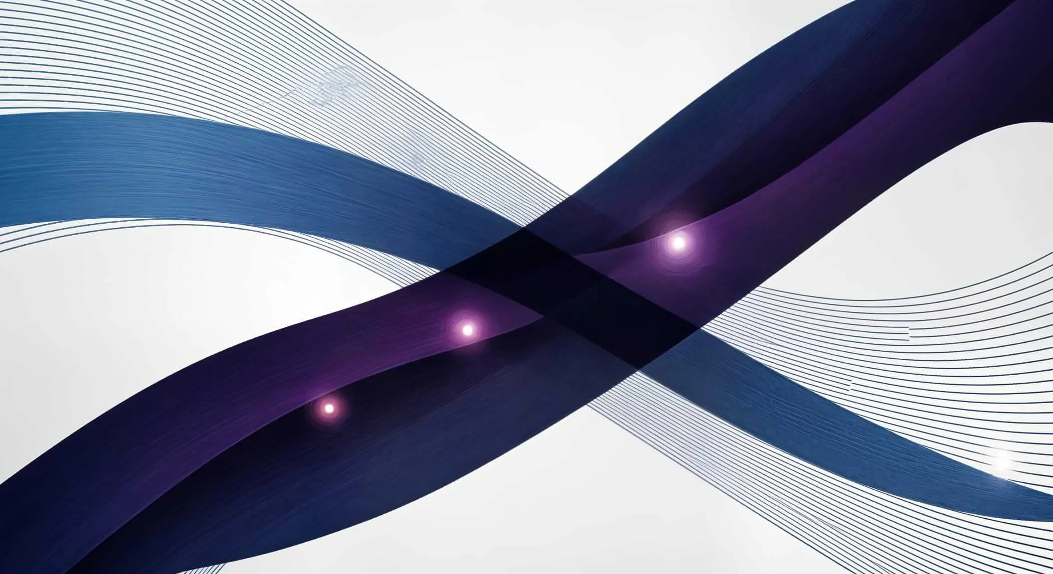 Abstract digital art featuring flowing blue and purple ribbons with thin curved lines, some glowing purple points.