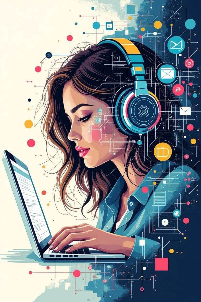 Illustration of a woman with headphones using a laptop, surrounded by digital icons representing technology, communication, and data.