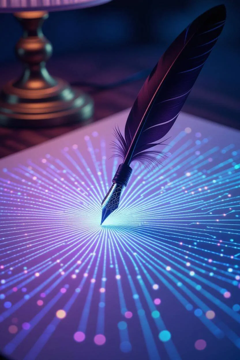 A digital illustration of a black feather quill pen writing on a glowing, holographic table surface with radiating lines and dots in shades of purple, blue, and pink.