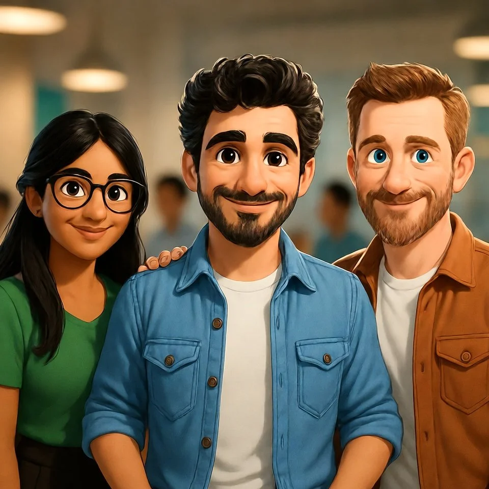 Three animated characters smiling for a selfie in a bright, modern indoor space.